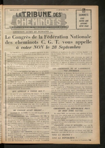 La Tribune des cheminots, n° 187, 15 septembre 1958