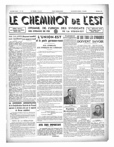 Le Cheminot de l'Est, n° 155, Octobre 1939