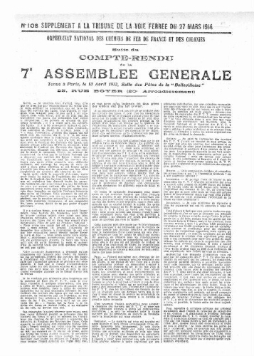 La Tribune de la voie ferrée, supplément n° 108, supplément au n° 815, 27 mars 1914