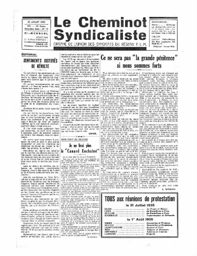 Le Cheminot syndicaliste, n° 241 ( n° 14 de l'année 1935), 25 juillet 1935