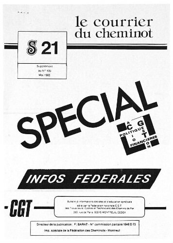 Le Courrier du cheminot, supplément n° 21 au n° 105, Mai 1985