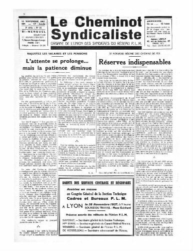 Le Cheminot syndicaliste, n° 297 ( n° 21 de l'année 1937), 10 novembre 1937