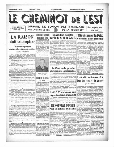 Le Cheminot de l'Est, n° 154, Septembre 1939