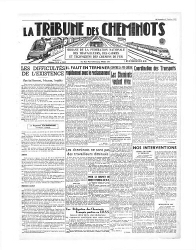 La Tribune des cheminots, [sans numérotation], 15 septembre 1947 - 1er octobre 1947