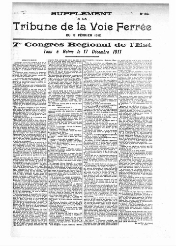 La Tribune de la voie ferrée, supplément n° 86, supplément au n° 704, 9 février 1912
