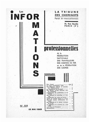 La Tribune des cheminots : les informations professionnelles de la Fédération nationale des travailleurs des chemins de fer, n° 55, 15 mai 1943