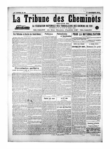 La Tribune des cheminots, n° 54, 1er novembre 1919