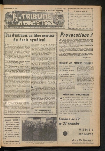 La Tribune des cheminots, n° 279, 16 novembre 1962