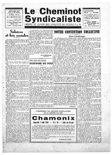 Le Cheminot syndicaliste, n° 314 (n° 13 de l'année 1938), 10 juillet 1938