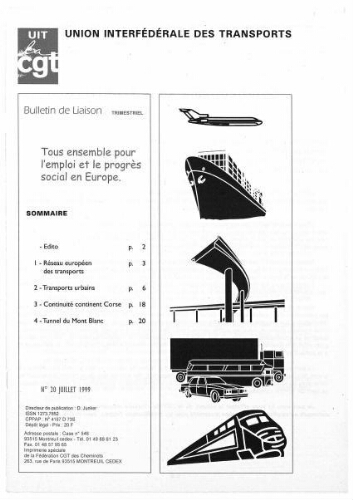 Bulletin de liaison de l'Union Interfédérale des Transports, n° 20, Juillet 1999