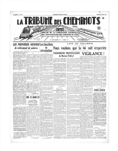 La Tribune des cheminots [édition 1 Vie des réseaux/régions], n° 531, 10 avril 1937