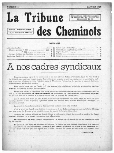 La Tribune des cheminots : les informations professionnelles de la Fédération nationale des travailleurs des chemins de fer, n° 11, Janvier 1947