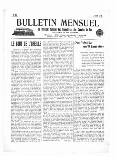 Bulletin mensuel du syndicat national des travailleurs des chemins de fer de France et des colonies, n° 25, Août 1916
