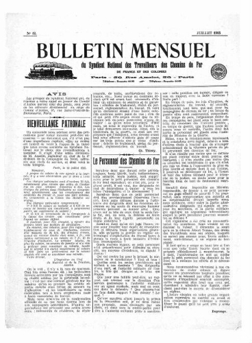 Bulletin mensuel du syndicat national des travailleurs des chemins de fer de France et des colonies, n° 12, Juillet 1915