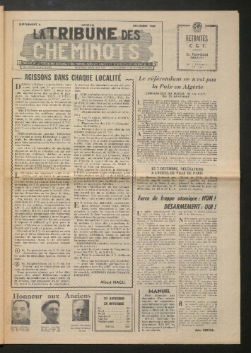 La Tribune des cheminots retraités CGT, supplément, Décembre 1960