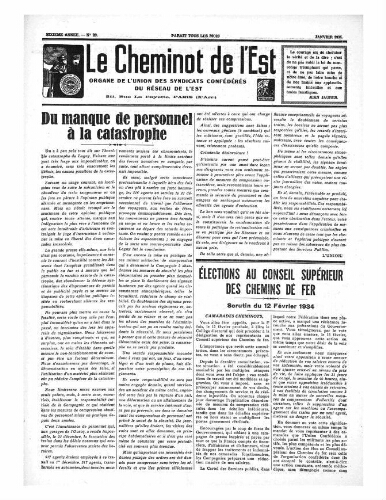 Le Cheminot de l'Est, n° 28, Janvier 1934