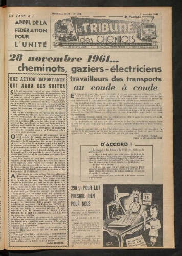 La Tribune des cheminots, n° 258, 1er décembre 1961