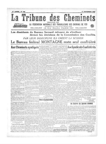 La Tribune des cheminots [confédérés], n° 102, 1er novembre 1921