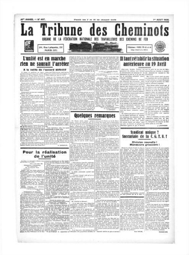 La Tribune des cheminots [confédérés], n° 457, 1er août 1934