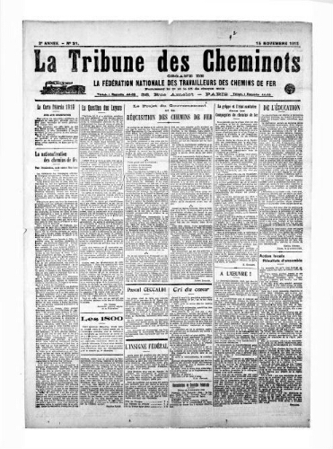 La Tribune des cheminots, n° 31, 15 novembre 1918