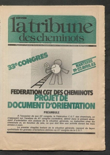 33ème congrès fédéral, 19-22 avril 1983, Nanterre : projet de document d'orientation. La Tribune des cheminots, supplément 2 au n° 597, 19 janvier 1983