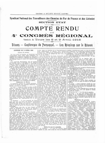 Bulletin mensuel du syndicat national des travailleurs des chemins de fer de France et des colonies, supplément au n° 24, Juillet 1916