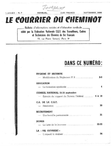 Le Courrier du cheminot, n°7, Septembre 1966