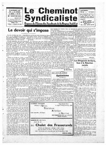 Le Cheminot syndicaliste, n° 325 (n° 25 de l'année 1938), 10 décembre 1938