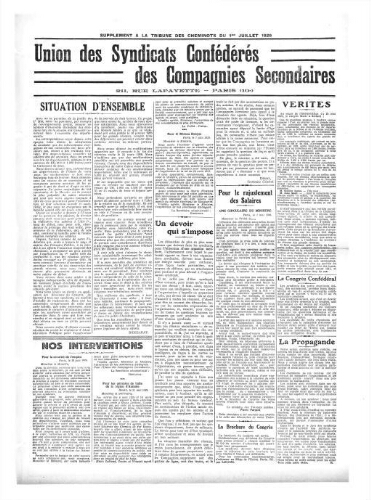La Tribune des cheminots [confédérés], supplément au n° 335, 1er juillet 1929