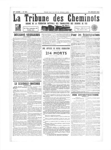 La Tribune des cheminots [confédérés], n° 444, 15 janvier 1934