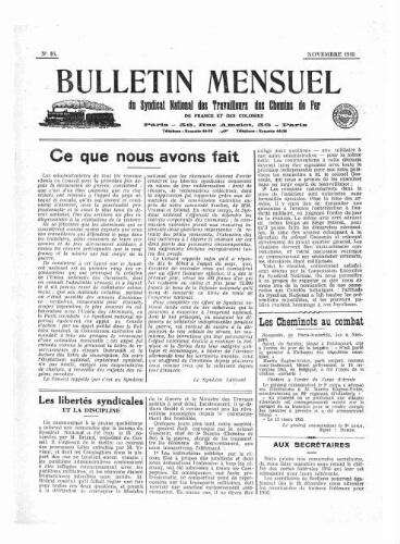 Bulletin mensuel du syndicat national des travailleurs des chemins de fer de France et des colonies, n° 16, Novembre 1915