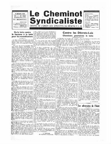 Le Cheminot syndicaliste, n° 230 ( n° 3 de l'année 1935), 10 février 1935