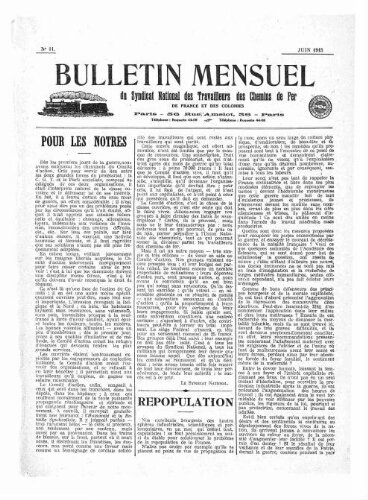 Bulletin mensuel du syndicat national des travailleurs des chemins de fer de France et des colonies, n° 11, Juin 1915