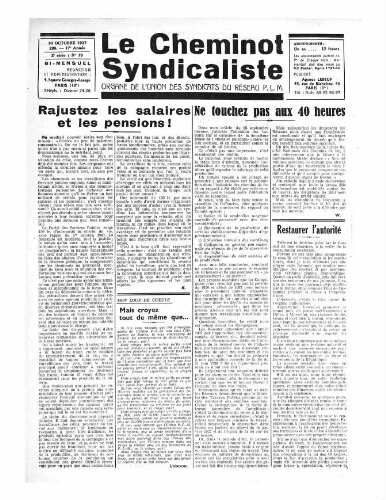 Le Cheminot syndicaliste, n° 295 ( n° 19 de l'année 1937), 10 octobre 1937