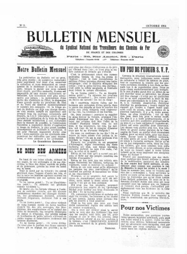 Bulletin mensuel du syndicat national des travailleurs des chemins de fer de France et des colonies, n° 3, Octobre 1914