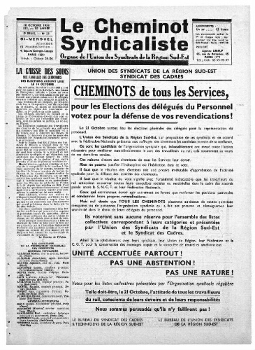 Le Cheminot syndicaliste, n° 321 (n° 21 de l'année 1938), 10 octobre 1938