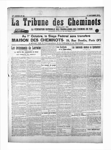 La Tribune des cheminots, n° 52, 1er octobre 1919
