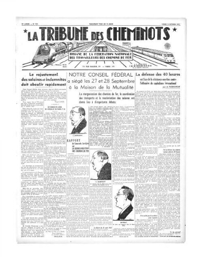 La Tribune des cheminots [édition 1 Vie des réseaux/régions], n° 544, 11 octobre 1937