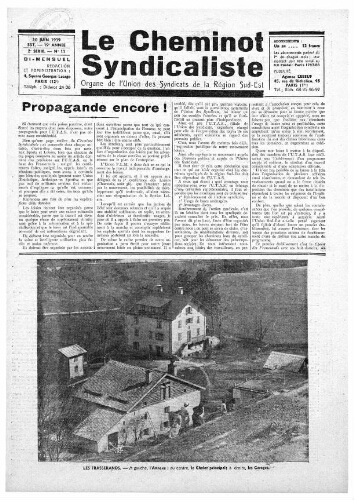 Le Cheminot syndicaliste, n° 337 (n° 11 de l'année 1939), 10 juin 1939