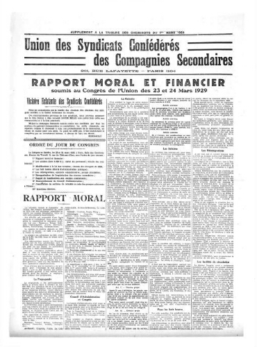 La Tribune des cheminots [confédérés], supplément au n° 327, 1er mars 1929