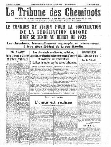 La Tribune des cheminots [unitaires], n° 410 bis, 10 novembre 1934