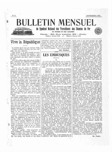Bulletin mensuel du syndicat national des travailleurs des chemins de fer de France et des colonies, n° 2, Septembre 1914