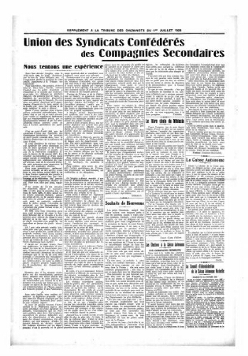 La Tribune des cheminots [confédérés], supplément au n° 311, 1er juillet 1928