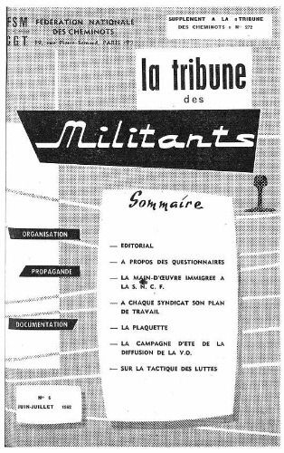 La Tribune des militants, n° 6, supplément au n° 272 de La Tribune des cheminots, Juin 1962 - Juillet 1962