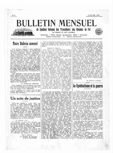 Bulletin mensuel du syndicat national des travailleurs des chemins de fer de France et des colonies, n° 6, Janvier 1915