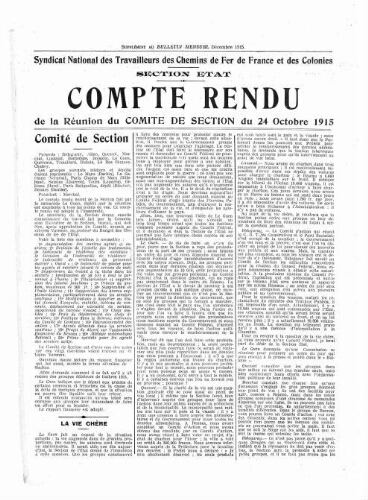 Bulletin mensuel du syndicat national des travailleurs des chemins de fer de France et des colonies, supplément au n° 17, Décembre 1915