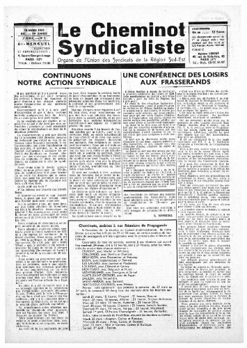Le Cheminot syndicaliste, n° 331 (n° 5 de l'année 1939), 10 mars 1939