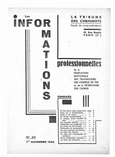 La Tribune des cheminots : les informations professionnelles de la Fédération nationale des travailleurs des chemins de fer, n° 42, 1er novembre 1942