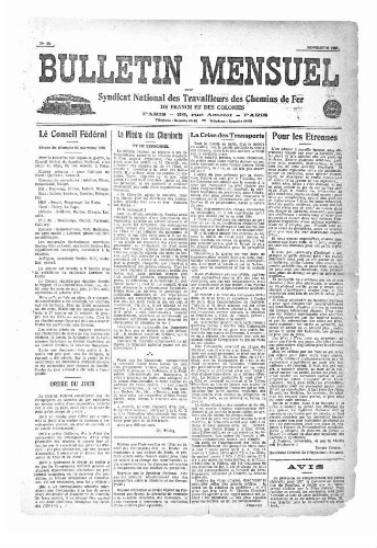 Bulletin mensuel du syndicat national des travailleurs des chemins de fer de France et des colonies, n° 28, Novembre 1916
