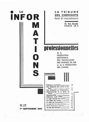 La Tribune des cheminots : les informations professionnelles de la Fédération nationale des travailleurs des chemins de fer, n° 17, 1er septembre 1941